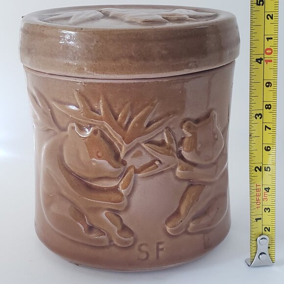 Embossed Pandas & Bamboo Canister W/ Lid Sheila Fournier Tan Glazed Ceramic VTG - Picture 10 of 12